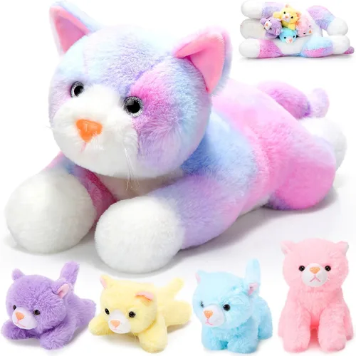 Miniatura 13 de Skylety 5 piezas de animal de peluche de gato con bebés dentro del vientre de gato embarazada mamá gatita con 4 lindos gatitos de peluche esponjosos