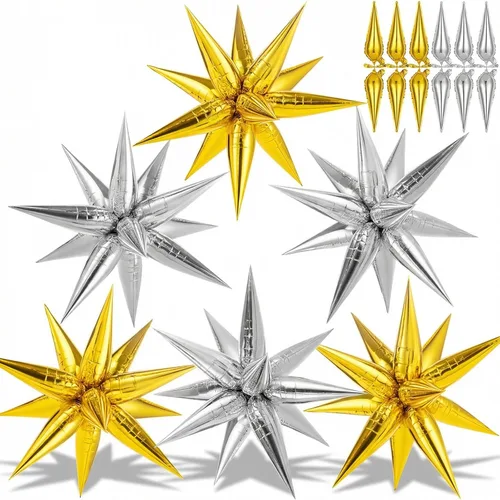 Miniatura 34 de 72 unidades de globos de estrella, grandes globos de cono de estrella metálicos de 26 pulgadas, globos de papel de aluminio de explosión colorida