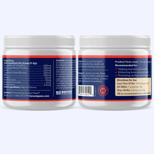 Miniatura 7 de Honest Paws Glucosamina para perros - Suplemento en polvo para articulaciones y movilidad con mejillón de labios verdes, aceite de pescado y MSM