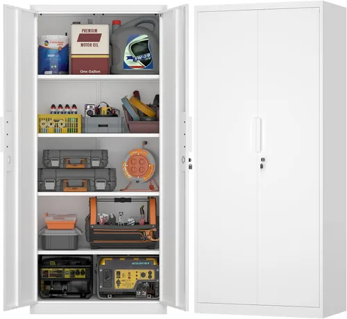 Miniatura 11 de Armario de almacenamiento de metal de 47 pulgadas de alto, gabinetes de almacenamiento de cocina con puertas y estantes, armario de metal blanco