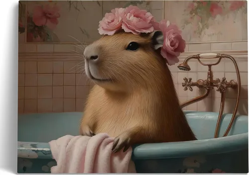 Arte de pared enmarcado para baño, divertida decoración de nutria vintage para baño, nutria en bañera, pintura europea, rosas rosas, decoración de