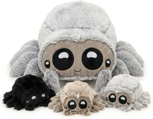 Miniatura 13 de Peluche de araña de peluche con sorpresa – Suave animal de peluche mamá araña con 3 arañas bebé en barriga con cremallera, juego para niños