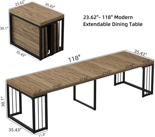 Miniatura 3 de KEIKI Mesa de comedor plegable extensible de 23.62 a 118 pulgadas de largo para 2 a 10 personas, muebles de madera moderna y rústica rectangular