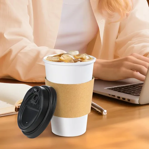 Miniatura 6 de Lamosi Paquete de 100 tazas de café desechables de 16 onzas con tapas y mangas, a prueba de fugas, tazas de café de papel con tapas, bebidas