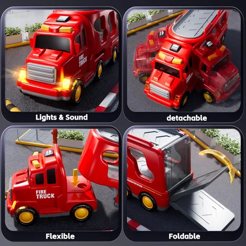 Miniatura 7 de Camiones de Bomberos de Juguete para Niños Pequeños de 1-3, 3-5, Conjunto de Vehículos Transportadores de Carros de Bomberos 5 en 1 para Niñas de 1
