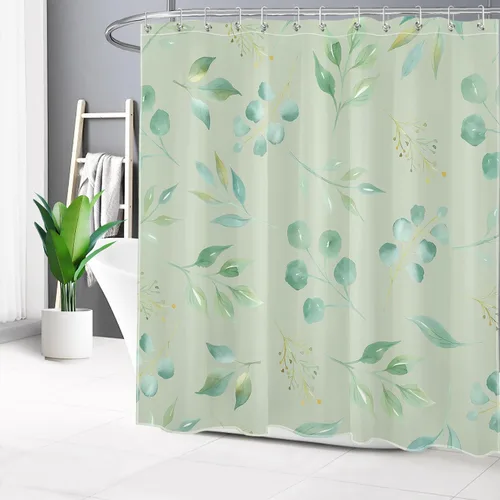 Miniatura 18 de EOBTAIN Cortina de ducha de hojas de eucalipto verde para baño, cortina de ducha con hojas de plantas naturales en beige con 10 ganchos, juego