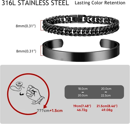 Miniatura 5 de XUANPAI Pulseras de plata personalizadas para hombre, 2 pulseras de acero inoxidable con eslabones cubanos para hombre, joyería de regalo para papá