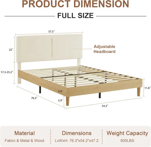 Miniatura 2 de VECELO Marco de Cama Matrimonial Tapizado Camas Plataforma con Cabecera de Algodón y Lino Ajustable en Altura, Listones de Madera Resistente, 6
