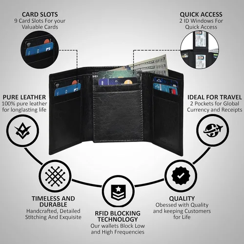 Miniatura 59 de Cartera de cuero RFID hecha a mano para hombres, elegante cartera de bolsillo frontal triple con 2 ranuras para identificación y 9 tarjetas, Negro