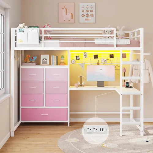 Miniatura 10 de DICTAC Cama alta individual con escritorio en forma de L y 7 cajones de almacenamiento, cama alta de metal tamaño individual para niños con luces
