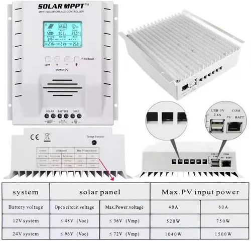 Miniatura 2 de Controlador de carga MPPT 60 amperios, regulador de carga de panel solar 12V 24V Auto 60A, entrada máxima 100V con pantalla LCD para batería