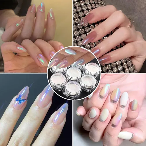 Miniatura 6 de Polvo de 7 colores Symphony Mermaid Pearl Neon Ice Aurora - Polvo de uñas blanco con efecto espejo metálico de alto brillo