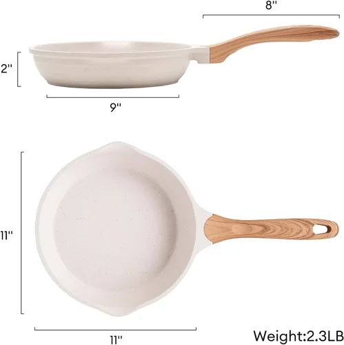 Miniatura 9 de JEETEE Sartén antiadherente de 11 pulgadas, utensilios de cocina con revestimiento de piedra, sartén antiadherente para tortilla con mango Beige