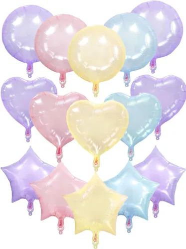 Paquete de 15 globos de papel de aluminio de helio en forma de corazón de 18 pulgadas, globos redondos de estrella de colores caramelo, globos de