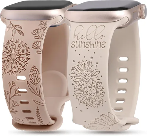 Miniatura 10 de Minyee Paquete de 2 correas grabadas florales compatibles con Apple Watch Band de 38/40/41/42/44/45/46/1.929 in para mujer, bonita correa