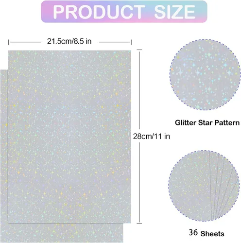 Miniatura 2 de 36 hojas de papel adhesivo holográfico transparente, láminas laminadas holográficas autoadhesivas, láminas laminadas de película con purpurina