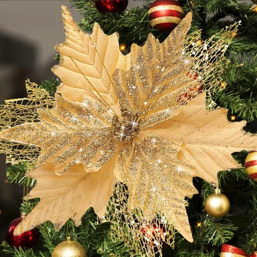 Flores de Pascua de Navidad con purpurina de 10'' de stadeco, 10 unidades, adornos de árbol de Navidad con flores artificiales con tallos largos