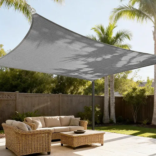 Toldo tipo vela rectangular de 10 x 15 pies, toldo para exteriores, cubierta de bloqueo UV, borde curvado con anillos en D, tela permeable para