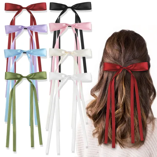 8 pinzas de lazo para el pelo para mujeres, niñas, cinta de borla, pinzas para el pelo con cola larga, pasadores de borla de satén sedoso con cola