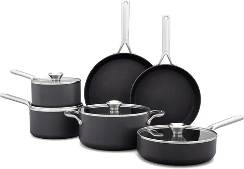 OXO Juego de ollas y sartenes profesionales de 10 piezas, cerámica anodizada dura, antiadherente, sin PFAS, asas de acero inoxidable, inducción,