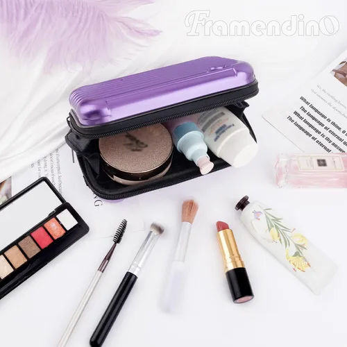 Miniatura 3 de Framendino, Estuche de cosméticos de carcasa dura morada, bolsa de transporte para artículos de tocador, mini cuerpo cruzado con cuerda de agarre