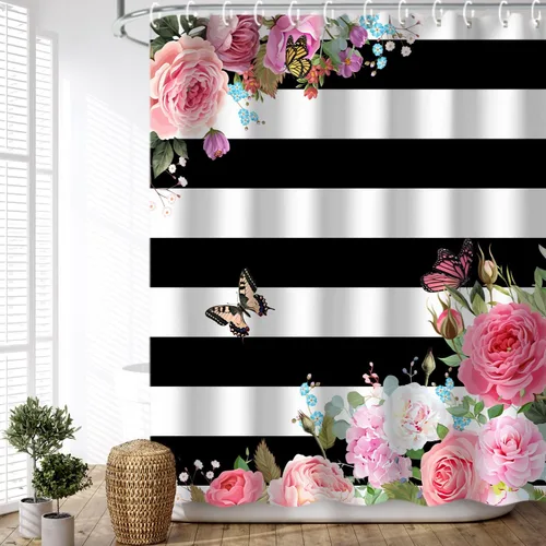 Miniatura 18 de LIVILAN Cortina de ducha con flores rosas y grises, cortinas de ducha florales de acuarela con ganchos, tela blanca y gris, decoración de baño