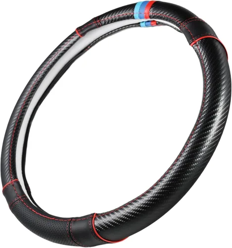 Miniatura 2 de Funda para volante de fibra de carbono + cuero con franjas deportivas en la parte superior, antideslizante y absorbente de sudor, ajuste universal