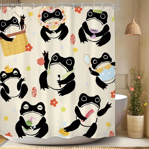 Miniatura 32 de Juego Divertido de Cortina de Rana Retro para Ducha, Juego de Baño 48x71 Pulgadas, Estilo Asiático Lindo, Arte Japonés Tradicional de Pato de Goma