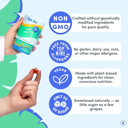 Miniatura 11 de First Day Gomitas multivitamínicas para niños de 4 años en adelante, fresa y naranja, vitaminas para niños, gomitas multivitamínicas A C D3 K2 B1 B2