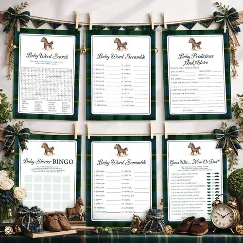 Ctosree 302 piezas de cuadros de tartán verde y azul con estampado de caballo para baby shower, juegos de acuarela para baby shower, 6 juegos, 50