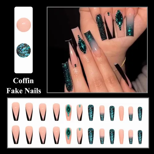 Miniatura 5 de MISUD Uñas postizas a presión – Uñas postizas largas con punta francesa negra, diseño de diamantes de imitación verde acrílico, 24 piezas 01702verde