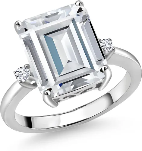 Miniatura 9 de Gem Stone King 5-7 Cttw Gemstone Birthstone and White Lab Grown Diamond 3-Stone Engagement Ring 925 Sterling Silver Center Emerald Cut 12X10MM