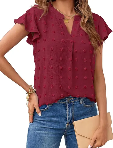 MEROKEETY Blusa de manga corta con volantes y cuello en V para primavera 2026, para verano, con lunares suizos, elegante, informal, con vuelo