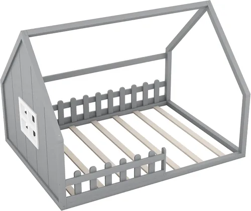 Miniatura 8 de Polibi Cama de casa de tamaño completo, marco de cama de piso de madera con ventana y valla para niños, gris
