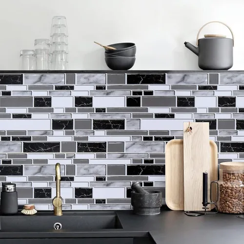 Loseta en muro adhesiva de color blanco y negro para cocina, papel tapiz removible de 11.8 x 196.8 pulgadas, papel adhesivo con azulejos para baño,