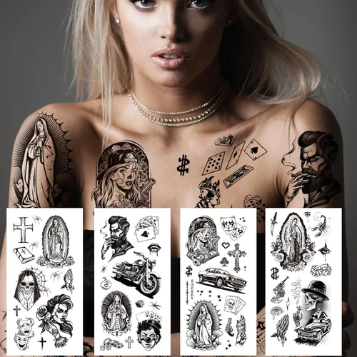 Miniatura 4 de 12 Hojas de Tatuajes Temporales Chicanos Grandes, Tatuajes Temporales Cholo y Chola, Tatuajes Falsos de Gángster Chicana Guadalupe Día