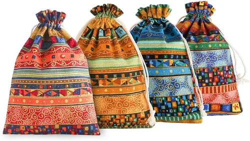 Miniatura 10 de SumDirect Bolsa de arpillera de lino estilo étnico egipcio, 20 bolsas de regalo de 4 x 6 pulgadas con cordón, bolsas de algodón reutilizables
