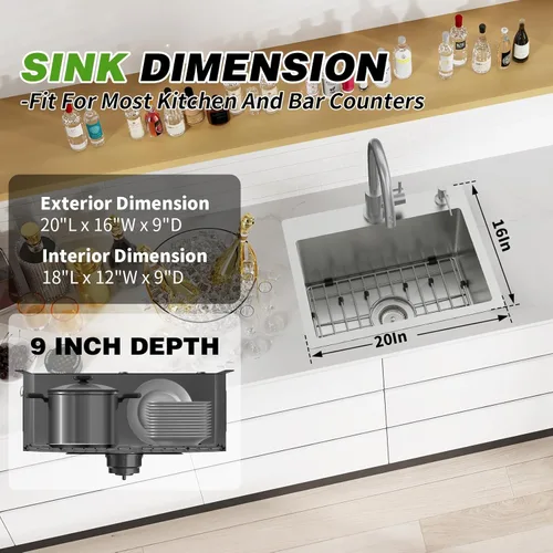 Miniatura 4 de Fregadero de cocina y bar, 20 x 16 pulgadas, de acero inoxidable, moderno, de un solo tazón, montaje superior, fregadero de cocina y bar, rejilla