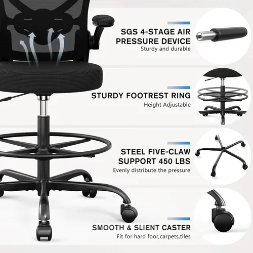 Miniatura 5 de Alolo Silla de dibujo, silla de oficina grande y alta con anillo reposapiés, silla ergonómica para altura de mostrador y escritorio de pie, cómoda