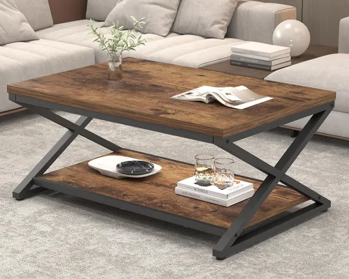 Miniatura 9 de HSH Mesa de centro de madera con almacenamiento, mesa de café rústica marrón para sala de estar, mesa central moderna minimalista de 2 niveles, mesa