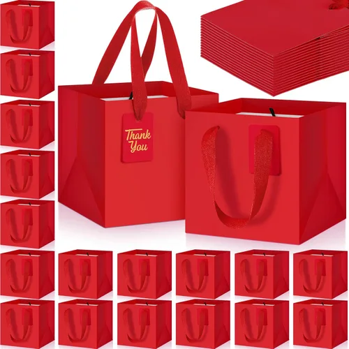 Miniatura 20 de Windyun 25 mini bolsas de regalo de papel con asa de 6 x 6 x 6 pulgadas, pequeñas bolsas cuadradas con etiqueta de agradecimiento para Navidad