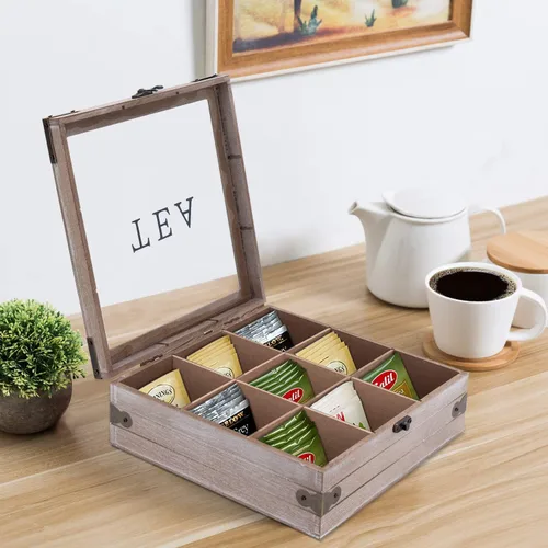 Miniatura 6 de Organizador de caja de té, almacenamiento rústico para bolsitas de té, soporte para bolsas de té para paquetes de cápsulas de azúcar y más, elegante