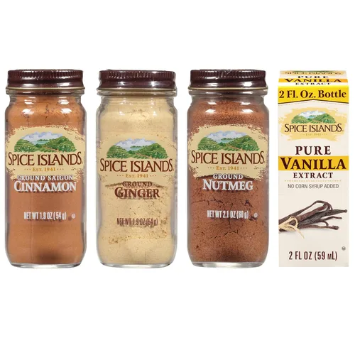 Spice Islands Juego de especias esenciales para hornear con jengibre molido, canela, nuez moscada y vainilla pura
