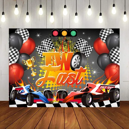 Miniatura 3 de Mocsicka Telón de fondo de cumpleaños de Two Fast Cars para fiestas temáticas de carreras para niños y niños, globo rojo de carreras de coche