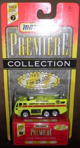 1996 MATCHBOX PREMIERE COLLECTION Serie Mundial Serie 7 Edición Limitada 1 de 25.000 Camión de Bomberos Amarillo del Aeropuerto de Westfield