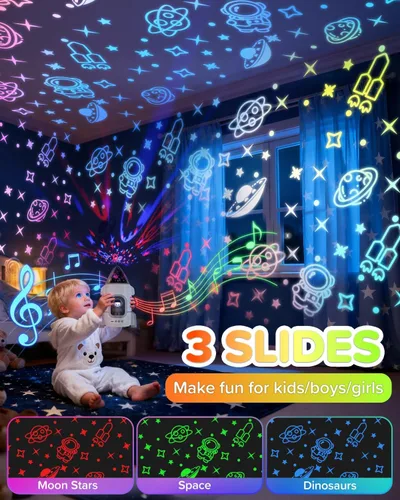 Miniatura 5 de Proyector de luz nocturna de cohete para niños y niños pequeños, juguetes sensoriales con música y películas, lámpara de luz nocturna de astronauta