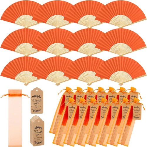 Miniatura 8 de Roowest Paquete de 50 abanicos plegables de papel hechos a mano con bolsas de regalo, tarjeta de agradecimiento, ventilador plegable de mano de Beige