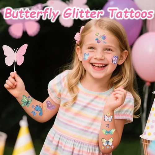 Miniatura 3 de Tatuajes de unicornio de sirena con purpurina para niñas, 180 tatuajes de mariposa individualmente con purpurina temporal para niños, diseño