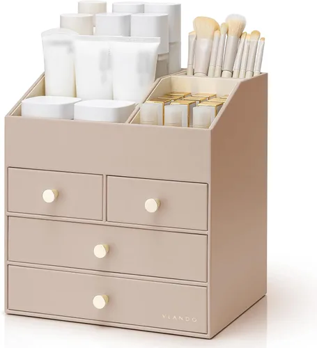 Miniatura 11 de Vlando Organizador de Maquillaje para Encimera, Organizador Grande de Tocador de Cuero PU, Almacenamiento de Maquillaje con 4 Cajones, Organizadores