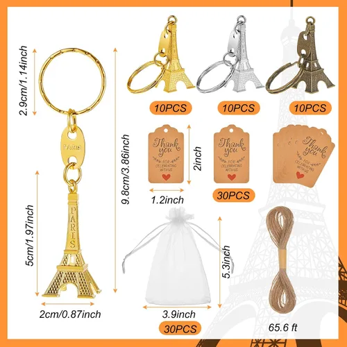 Miniatura 2 de Taiyin 30 pares de llaveros de torre Eiffel, adorno retro, recuerdo francés, recuerdos de fiesta, regalos de cumpleaños (dorado)
